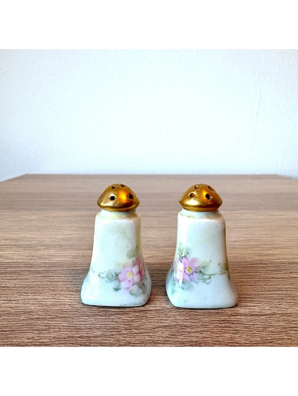 Vintage Floral Porcelain Salt & Pepper Shakers Gold Tone Tops, Hand Painted